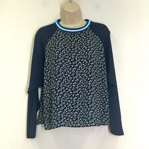 H&M - Navy Floral Stripe Crewneck Flowy Long Sleeve Lightweight Blouse Size 6